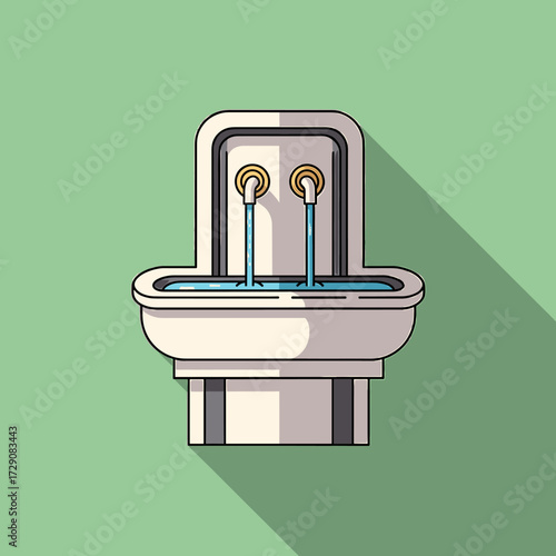 A stylized illustration of a public water fountain with water flowing from two spouts.