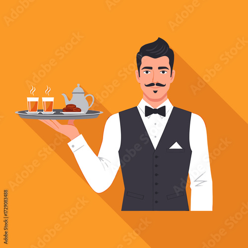 A waiter in a vest and bow tie holds a tray with tea glasses, dates, and a teapot on an orange background.