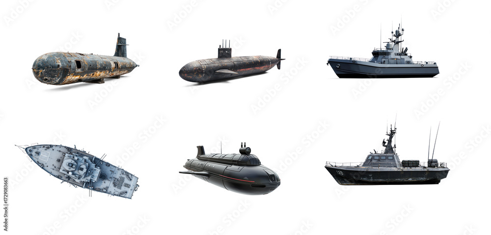 Fototapeta premium Collection of Submarine side view isolate on transparent background