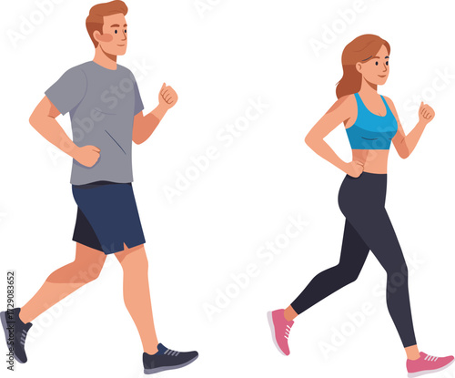 Vector illustration of two people jogging and walking outdoors, healthy lifestyle exercise, fitness activity, sportswear fashion, wellness and active living concept