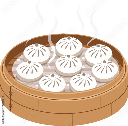 Fresh dumplings steaming in a traditional bamboo basket, perfect for Asian cuisine themes and food illustrations