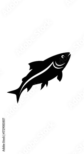 A black silhouette of a fish swimming upwards against a white background.