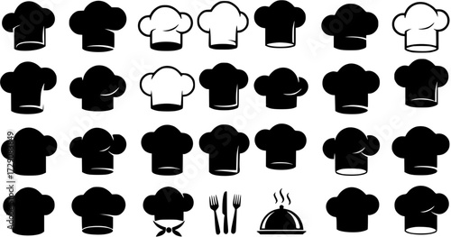 Culinary Icons: Chef Hats, Utensils  Food Platter - Restaurant  Cooking Theme Vector Design