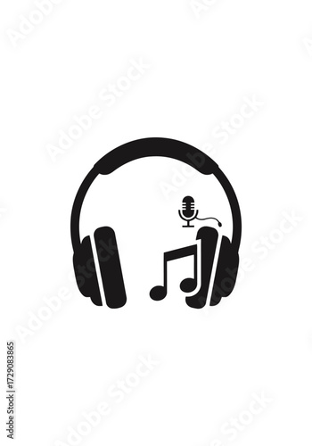 A black and white graphic illustration of headphones with a musical note and a microphone inside.