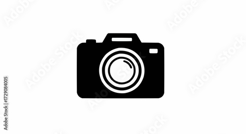 A black and white illustration of a camera with a lens and a flash on a white background image here