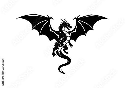 Black dragon illustration with outstretched wings, detailed scales, and a curved tail, isolated on white.