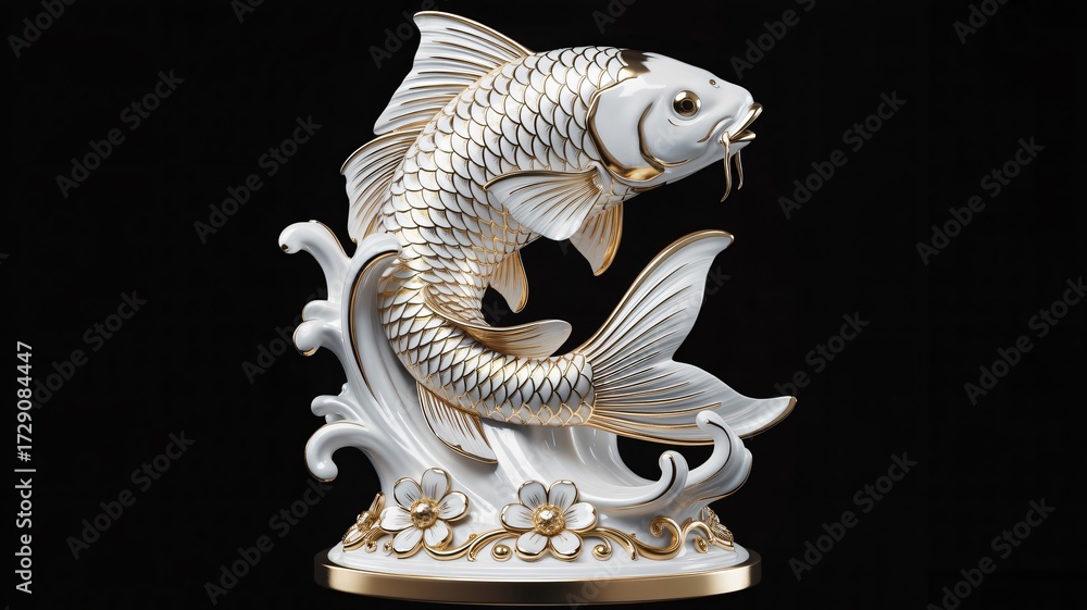 Fototapeta premium Elegant white and gold koi fish sculpture leaping through stylized waves, symbolizing prosperity and good fortune.