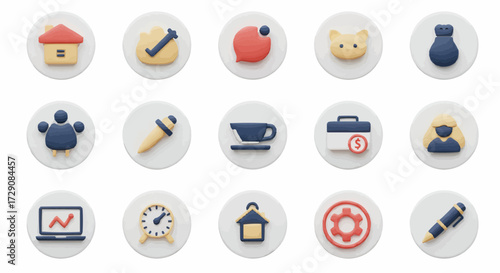 Collection of fifteen round icons featuring house, checkmark, chat bubble, cat, money bag and other symbols