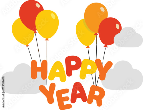 Brightly colored festive balloons in red and yellow float upwards against a white background with soft gray clouds spelling out happy new year in vibrant orange letters
