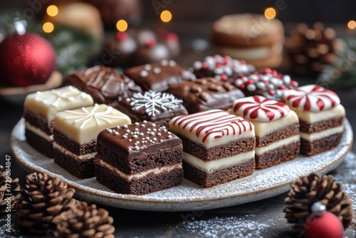Decorated chocolate brownies with candy toppings on a white plate.