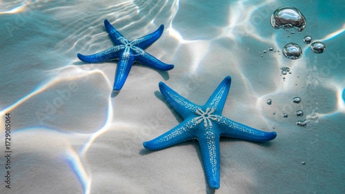 Vibrant blue starfish rest on sandy seabed with shimmering sunlight and rising bubbles