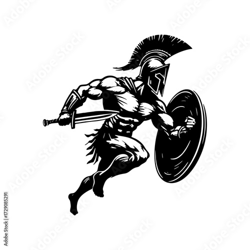 silhouette of warrior spartan muscular man fight running
