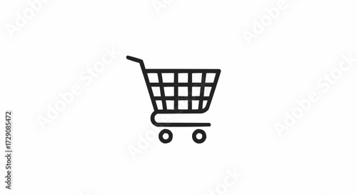A simple line drawing of a shopping cart with a basket and wheels on a white background image view