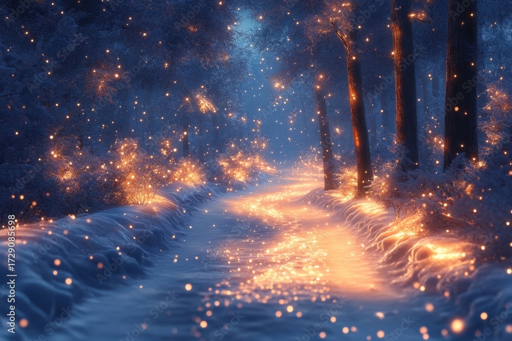 Fototapeta premium Fireflies lighting up a forest path.