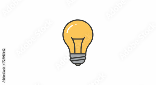 A cartoon style light bulb with a yellow bulb and a gray base on a white background is presented here