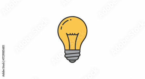 Illustration of a yellow light bulb with a gray base and black outline on a white background space