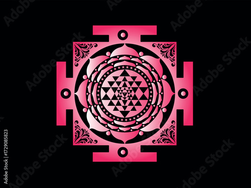 Pink Sri Yantra sacred geometry mandala on black background