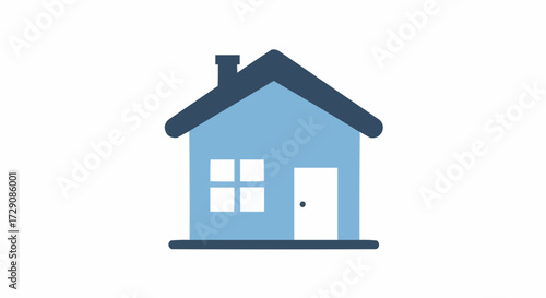 Illustration of a simple blue house with a chimney window and door on a white background view