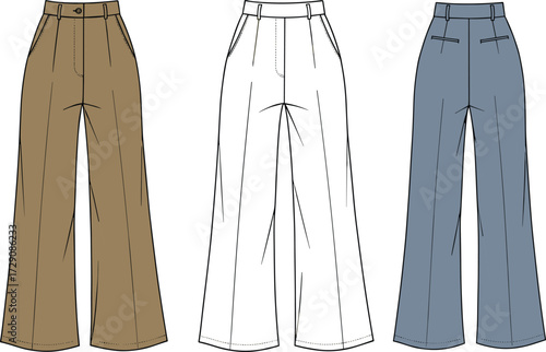 High-Waisted Wide Leg Pleated Trousers Fashion Flat CAD Drawing Vector Illustration for Women's Business Casual Apparel Design Tech Pack.