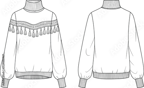 Bohemian Turtleneck Sweater Fashion Flat CAD Drawing Vector Illustration with Tassels and Yoke Detail for Apparel Tech Pack Design.