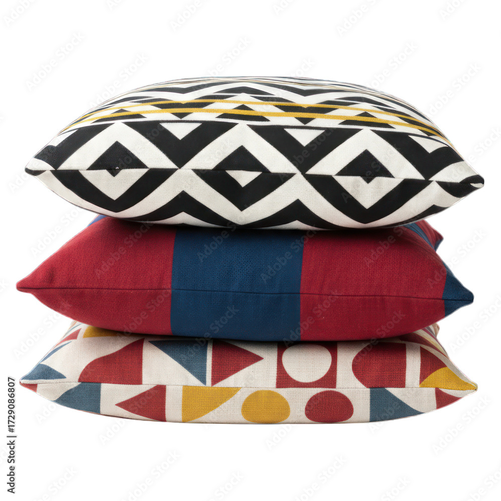 Naklejka premium Stacked decorative pillows in vibrant geometric patterns