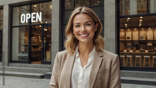 Smiling woman in front of her business with an open sign on the window