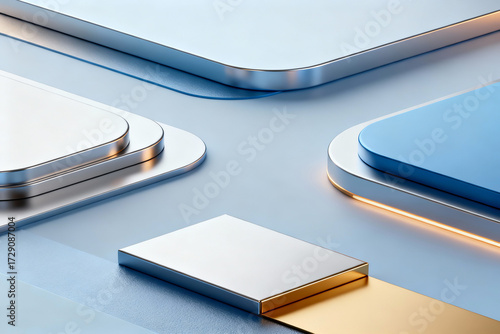 Minimalist 3D background with silver and blue platforms, featuring rounded corners and a central gold accent strip. Tech/Modern design.