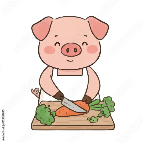 Cartoon Pig in Apron  Cooking Illustration
