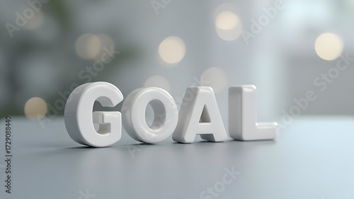 The word GOAL in white 3D letters on a reflective surface with a blurred bokeh background. A concept image representing success, ambition, targets, and business objectives.
