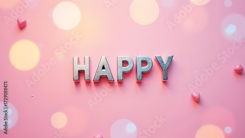 The word HAPPY in silver letters on a festive pink background with bokeh lights and hearts. A cheerful concept for Valentine's Day, birthdays, or celebrations of love and joy.
