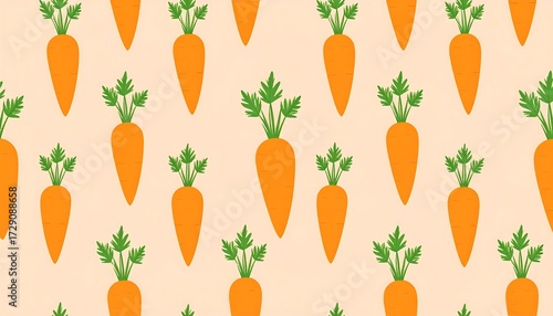 Seamless pattern of fresh orange carrots with green tops.