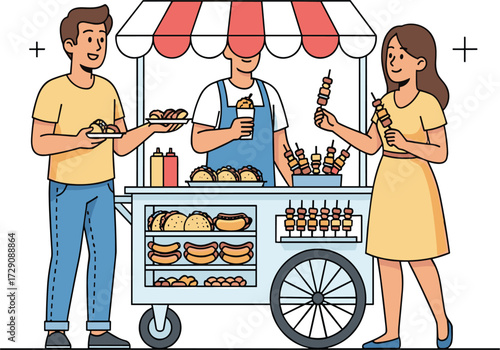 Street food vendor serving customers at outdoor food cart, fast food snacks, tasty street cuisine, casual eating, marketplace, social gathering