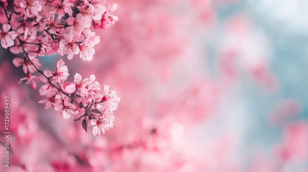Obraz premium A pink cherry blossom branch against a blurred pink and blue background.