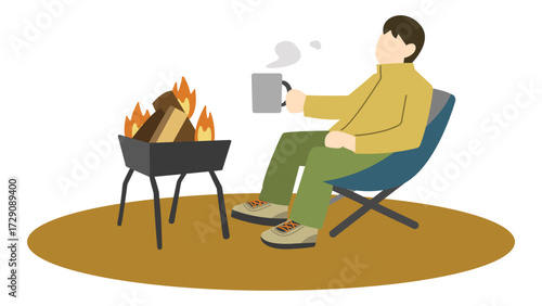 アウトドアで焚き火を楽しむ男性のイラスト