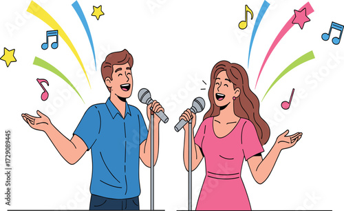 Happy couple singing karaoke with microphones, colorful music notes, joyful performance, fun entertainment, illustration of musical activity, duet singing together