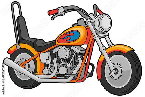 Cartoon motorcycle illustration featuring a vibrant color scheme and classic chopper design ideal for childrens books or themed graphics