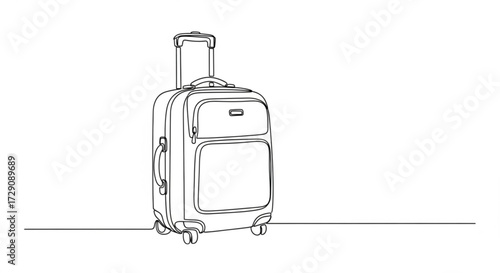 Minimalist line art illustration of a travel suitcase with wheels and a retractable handle, designed for modern travel enthusiasts seeking stylish luggage solutions	