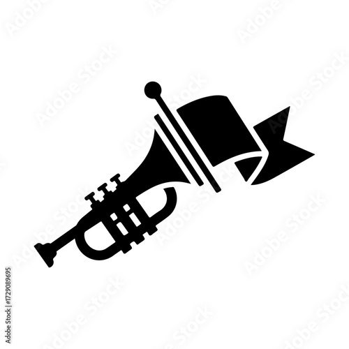 Monochrome Trumpet with Waving Pennant Flag Silhouette Design