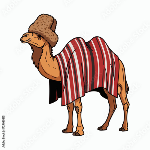 Camel wearing a traditional fur hat and striped blanket standing on a white background.