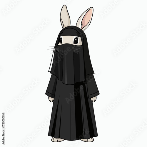 Cute cartoon bunny wearing a traditional black niqab standing upright with a serene expression.