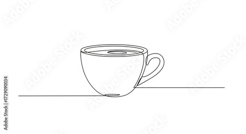 Minimalist line drawing of a coffee cup with a smooth surface, featuring a curved handle, placed on a simple horizontal line, representing modern artistic design and tranquility	