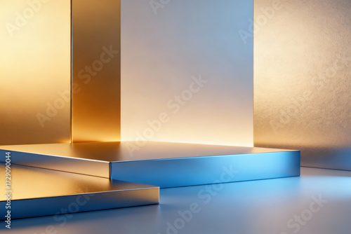 Minimalist 3D studio background with gold and blue light. Features a sleek metallic podium for premium product display or awards.