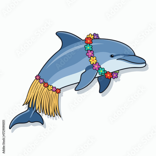 Cute Cartoon Dolphin Wearing Hawaiian Lei and Grass Skirt.