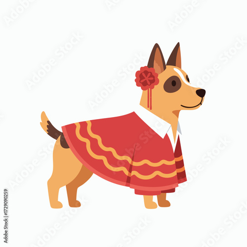 Cute Dog in Red Poncho with Flower Accessory.