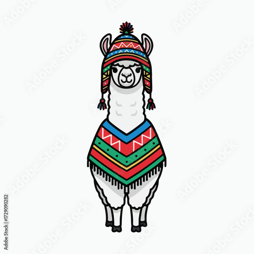 Cute Llama Wearing Traditional Peruvian Hat and Poncho.