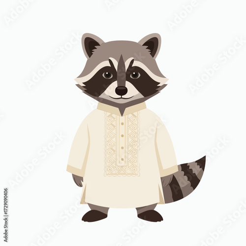 Cute Raccoon Wearing Traditional Indian Kurta Standing on White Background.