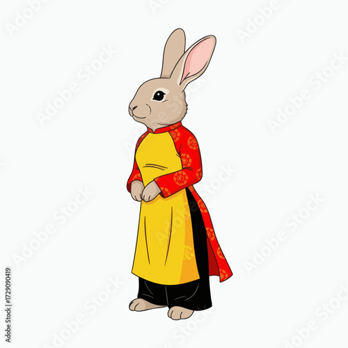 Cute Rabbit Wearing Traditional Vietnamese Ao Dai Dress.