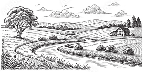 Hand-drawn rural landscape with winding river, farmhouse on horizon, trees and hills, detailed vector line art suitable