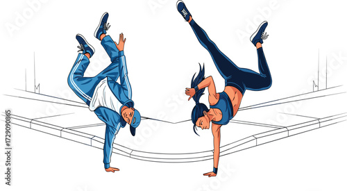 Street dancers performing breakdance moves, man and woman dancing together, hip hop culture, urban lifestyle, athletic dance style, creative street performance