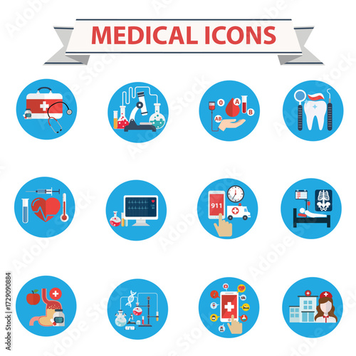 Flat medical icons concept set of medical supplies, healthcare diagnosis and treatment, laboratory tests, medicines and equipment. Vector concept for graphic and web design.